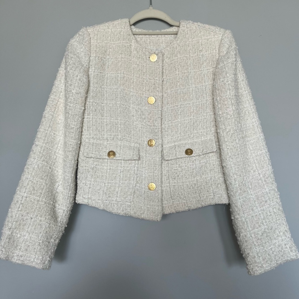 MARK EDWARDS Tweed Blazer | White & Gold | Size: M | Women
